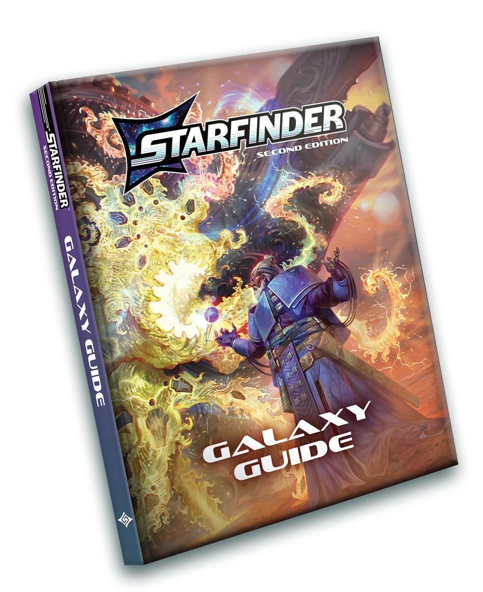 Starfinder Galaxy Guide Second Edition book with a robed character conjuring energy on its vibrant cover.