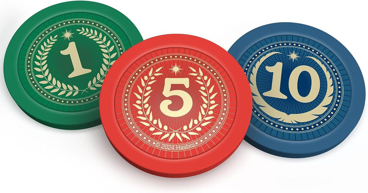 Three colorful game tokens: green &#39;1&#39;, red &#39;5&#39;, and blue &#39;10&#39;, with gold laurel wreath designs.