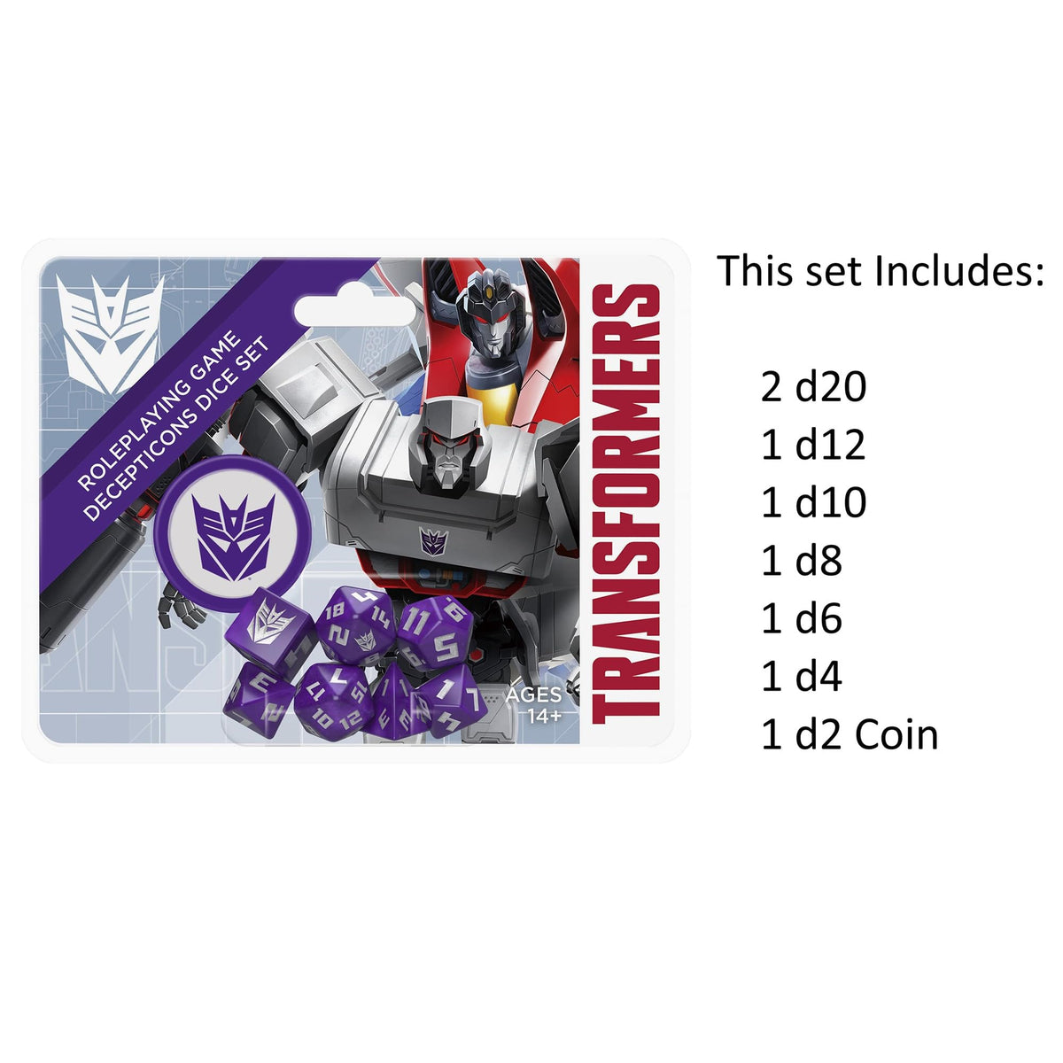 Transformers Decepticons Roleplaying Game dice set showing Megatron, Starscream, purple dice, and contents list