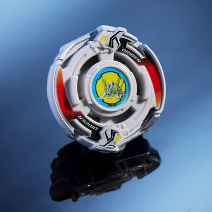 White and silver Driger Beyblade spinning top toy featuring a central tiger spirit graphic
