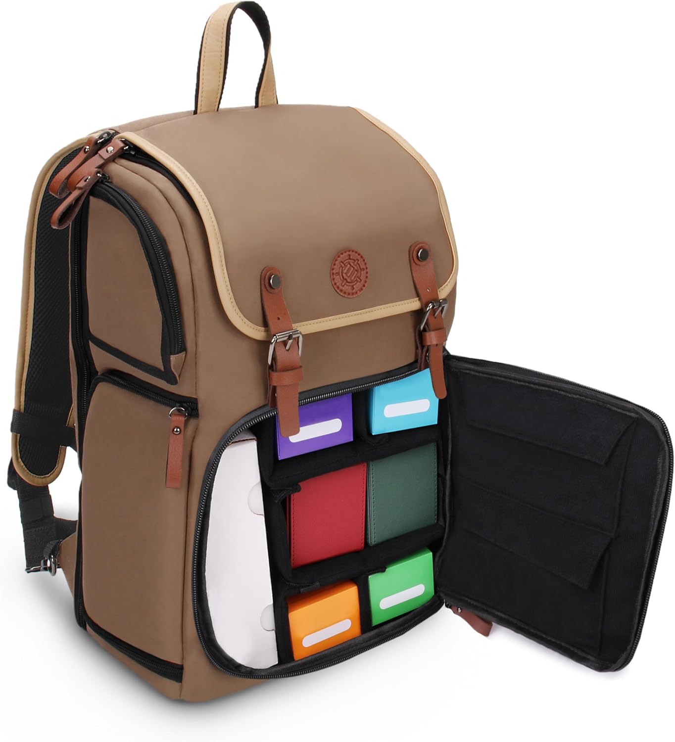 Tan backpack with leather straps, side compartment open revealing colorful card game deck boxes and a white box.