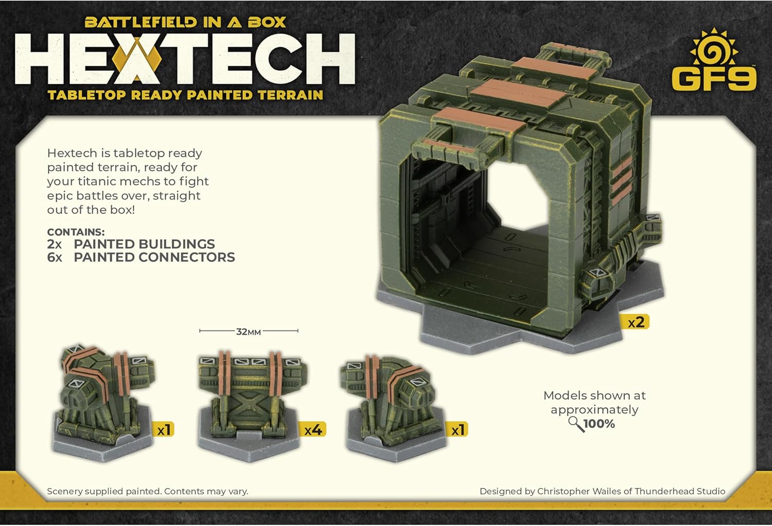 Hextech painted modular tabletop terrain: large building section and various smaller connectors shown.