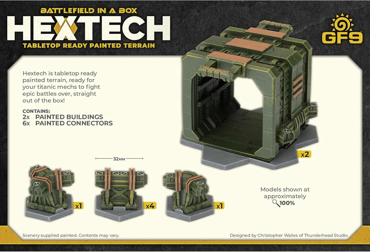 Hextech painted modular tabletop terrain: large building section and various smaller connectors shown.