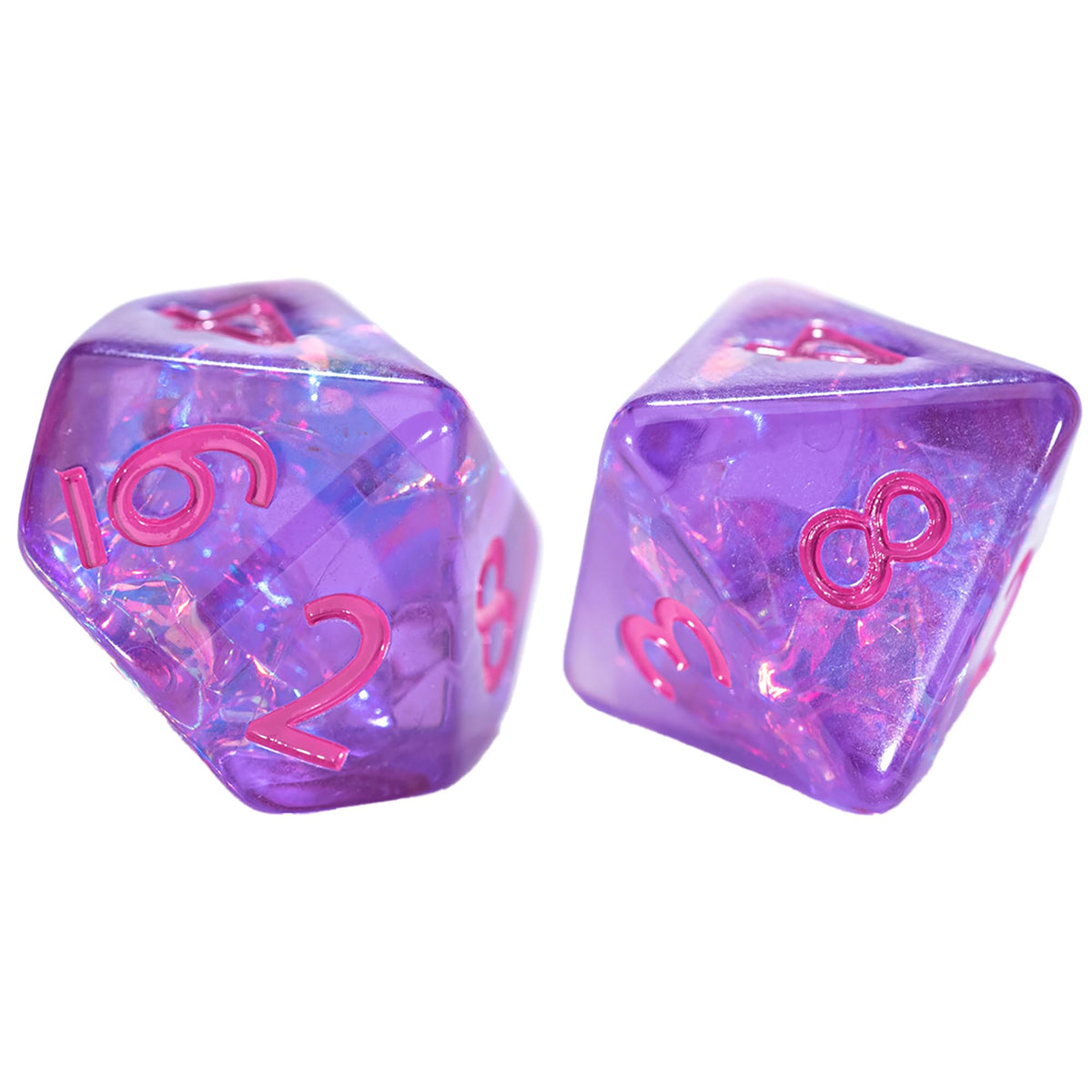 Two shimmering purple polyhedral dice with pink numbers on white