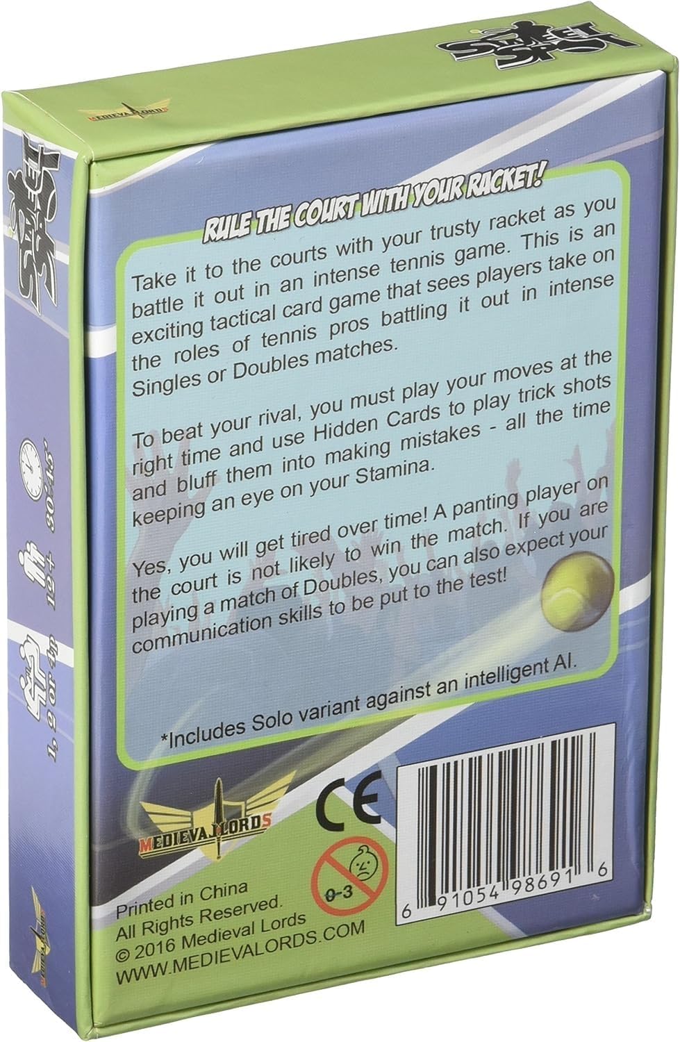 Back of a &quot;Sweet Spot&quot; tactical tennis card game box with game descriptions, a tennis ball, and logos.