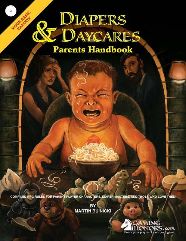 RPG parody book cover: A giant crying baby at a table with noodles and a D6, flanked by distressed parents