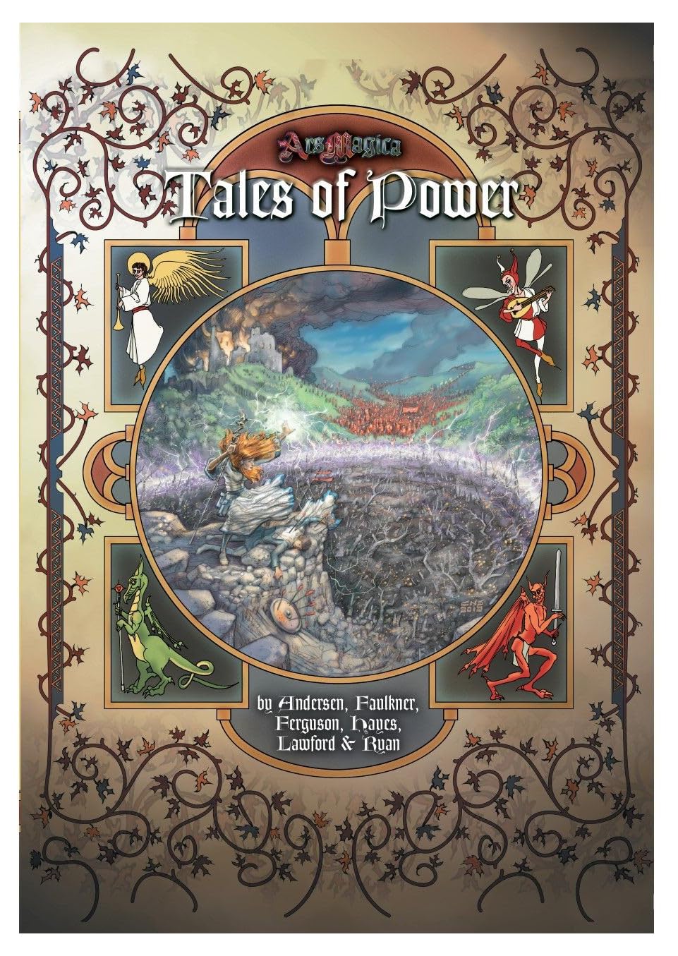 Ars Magica Fifth Edition Tales of Power sourcebook featuring a vibrant fantasy illustration with a wizard casting spells amidst a battle surrounded by an angel dragon fairy and demon all within an ornate medieval-inspired frame