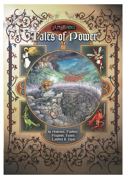 Ars Magica Fifth Edition Tales of Power sourcebook featuring a vibrant fantasy illustration with a wizard casting spells amidst a battle surrounded by an angel dragon fairy and demon all within an ornate medieval-inspired frame