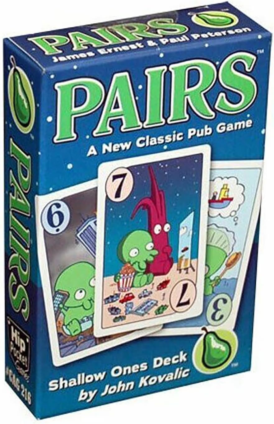PAIRS card game box, "Shallow Ones Deck," with whimsical card art showing a green creature eating popcorn