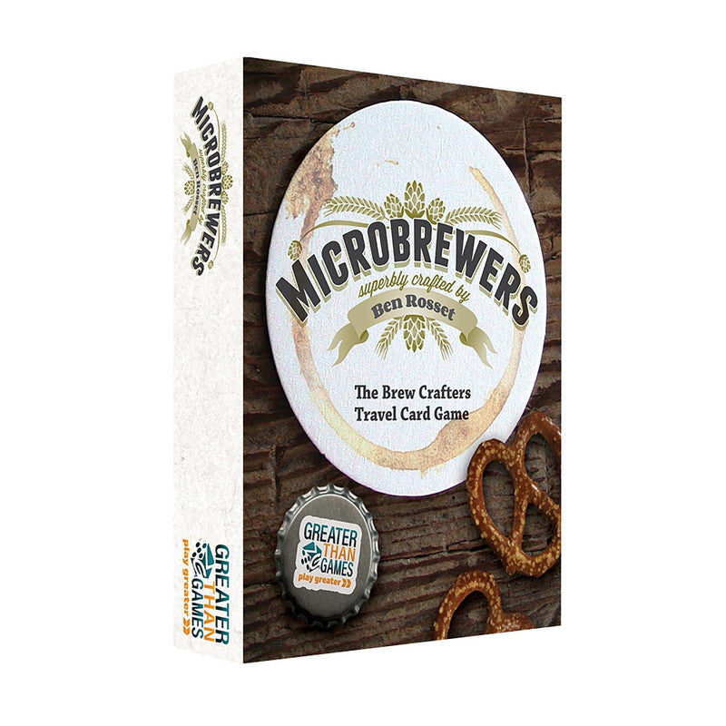 Microbrewers Travel Card Game box with a beer coaster design, bottle cap and pretzels on a wooden surface