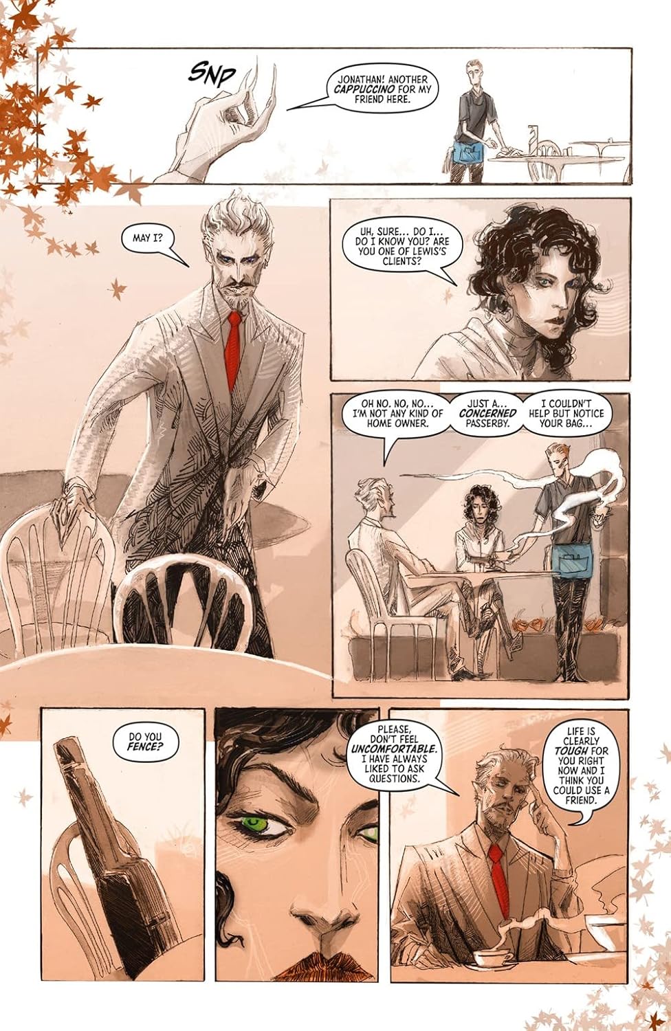 A comic page features a sharp-suited -  white-haired man intensely questioning a dark-haired woman in a cafe setting