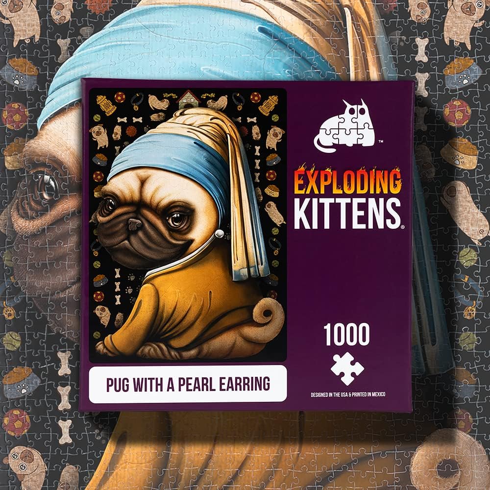 Exploding Kittens 1000-piece jigsaw puzzle featuring a Pug With A Pearl Earring artwork combining classic art with a cute pug twist