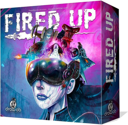 Fired Up board game box: Woman in a VR headset, experiencing a vibrant virtual battle with monsters, weapons, and rockets
