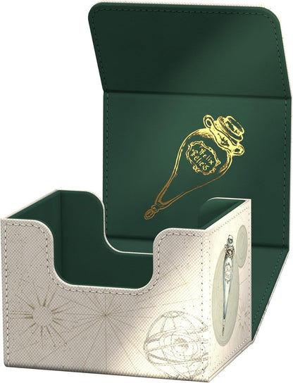 Open deck box with beige celestial map exterior and dark green interior featuring a golden Felix Felicis potion design