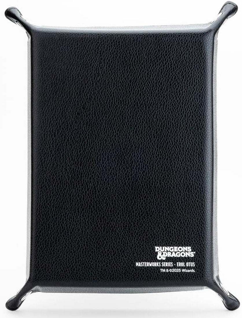 Black faux-leather dice rolling tray branded with the Dungeons & Dragons logo and Masterworks Series text