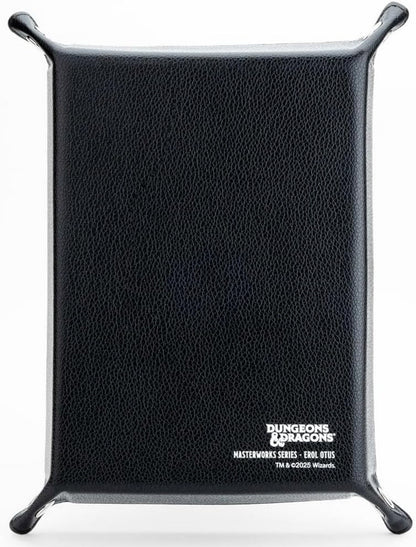 Black faux-leather dice rolling tray branded with the Dungeons & Dragons logo and Masterworks Series text