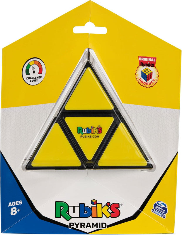 Rubiks Pyramid front view of the pyramid puzzle in its original packaging, showcasing vibrant triangular faces