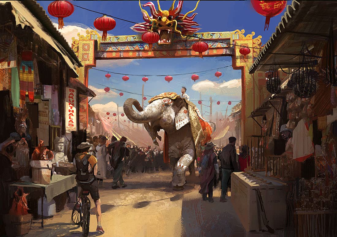 Elephant with a rider parades through a crowded market street decorated with red lanterns and a dragon arch