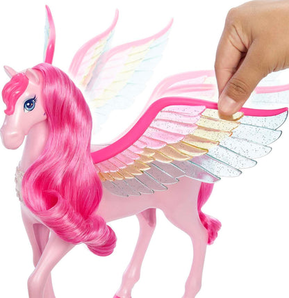 A pink winged unicorn toy with long pink hair and sparkly rainbow wings