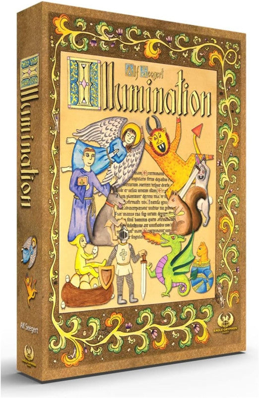 Illumination board game box with medieval art style
