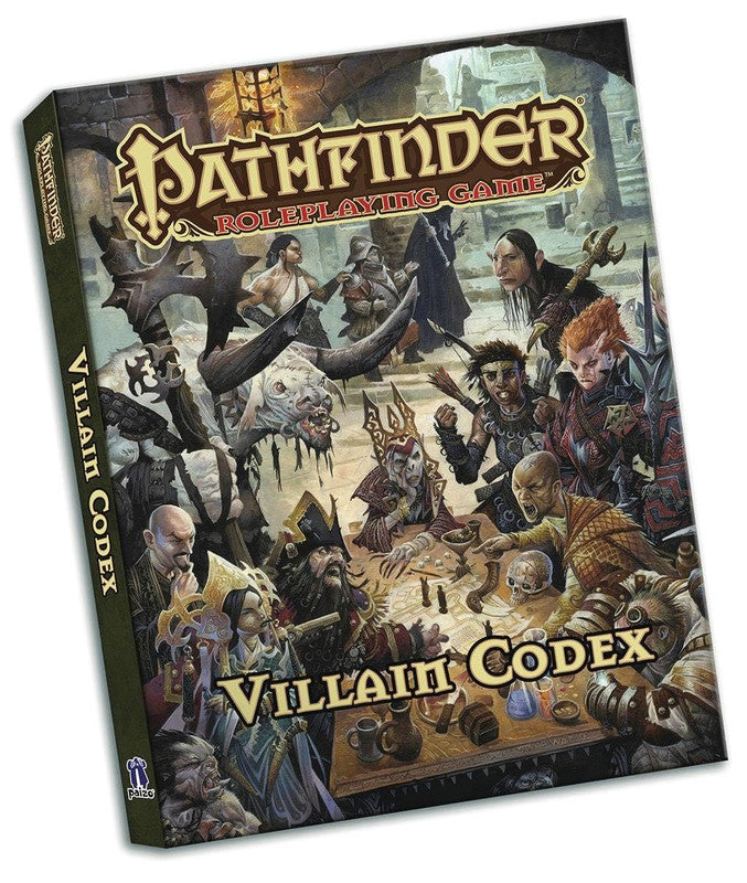 Pathfinder Roleplaying Game Villain Codex book cover, art shows diverse fantasy villains, monsters, and dark characters, some at a table with maps, potions, and skulls