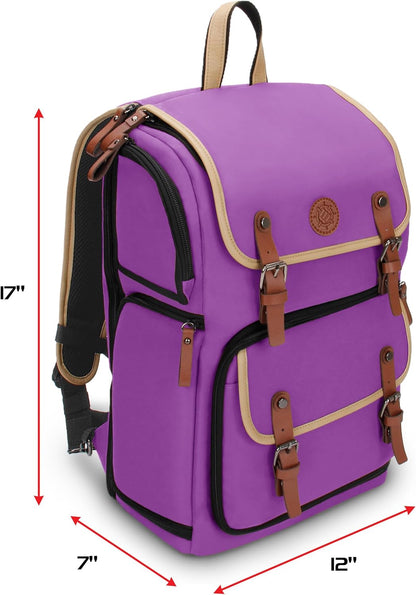 Side view of a purple backpack with tan trim and brown straps, showing its 17" H, 12" W, 7" D dimensions.