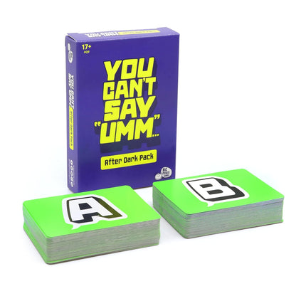 You Can't Say "Umm..." After Dark Pack game box (purple) and two stacks of neon green cards labeled A and B