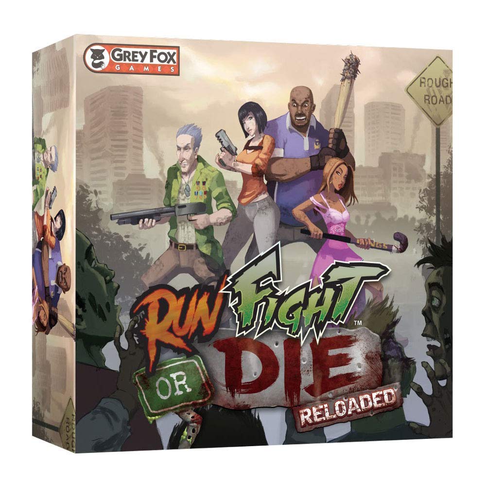 Run, Fight, or Die: Reloaded board game box art: Four diverse survivors with weapons fight zombies in a city.