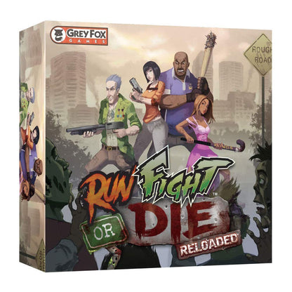 Run, Fight, or Die: Reloaded board game box art: Four diverse survivors with weapons fight zombies in a city.