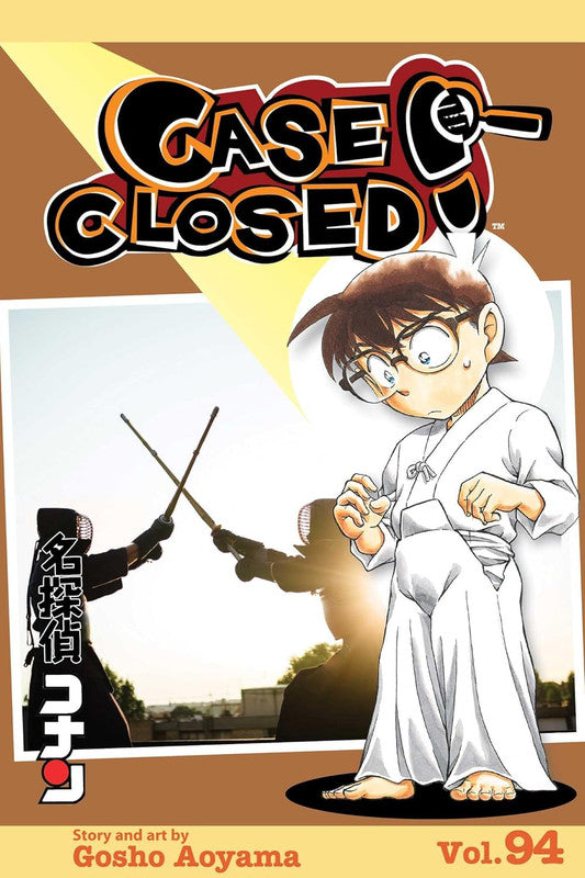 Case Closed Vol. 94 cover: Boy detective Conan, in a white gi, looks surprised by two Kendo fighters clashing
