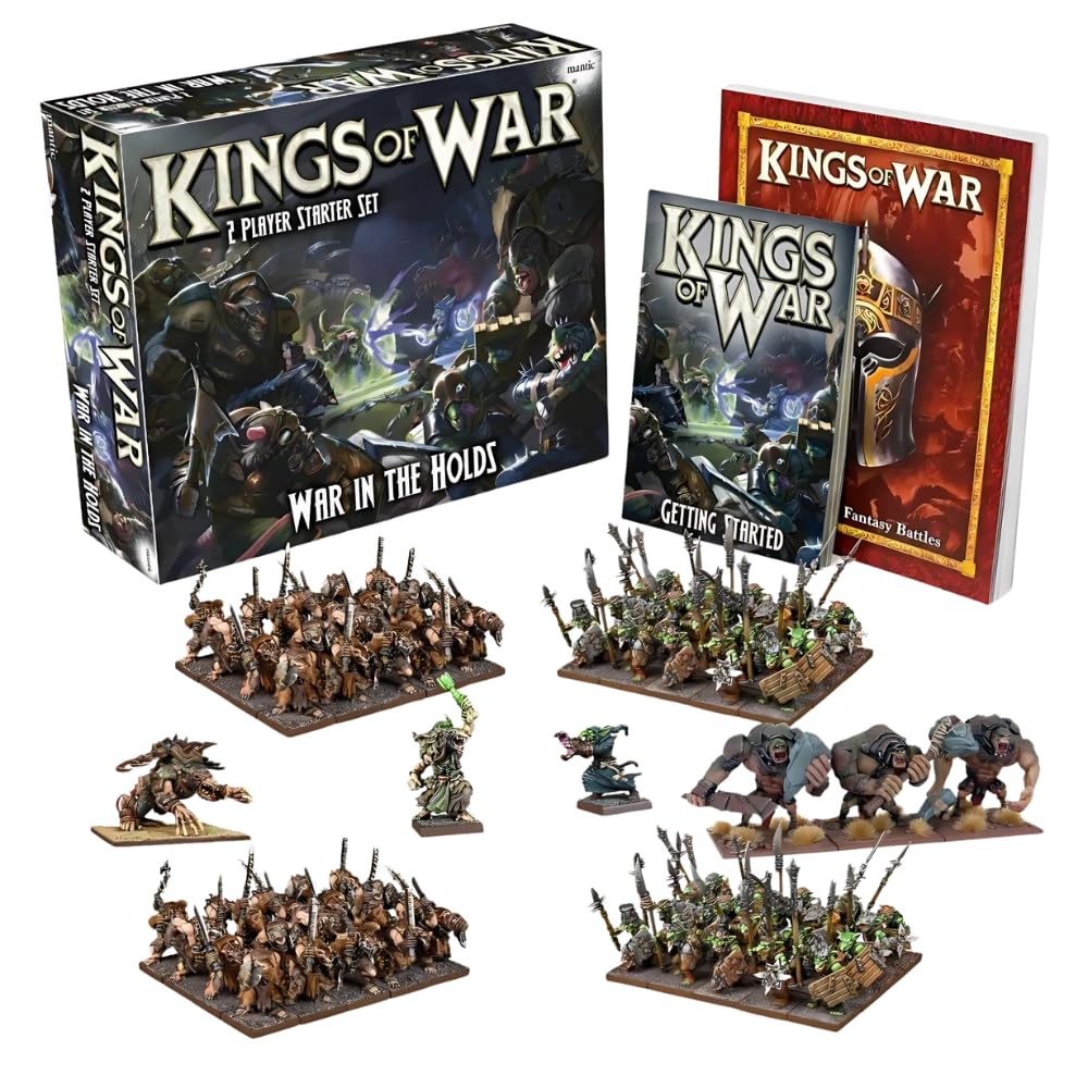 Kings of War 2-player starter set with its game box, rulebooks, and various fantasy miniature armies