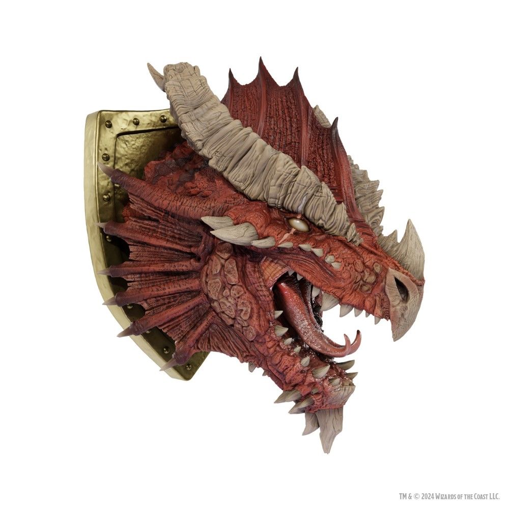 Detailed resin wall plaque featuring a snarling red dragon head with beige horns mounted on a brass-coloured shield