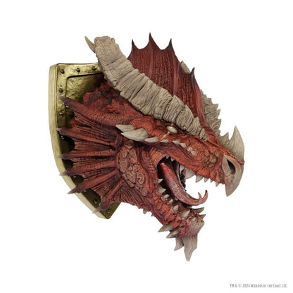 Detailed resin wall plaque featuring a snarling red dragon head with beige horns mounted on a brass-coloured shield