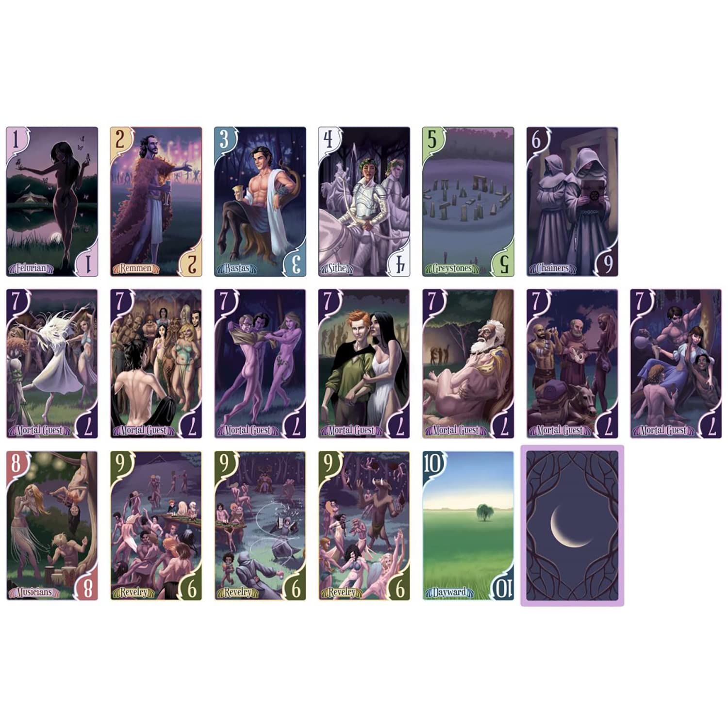 A grid of fantasy playing cards. Illustrations show mythical figures, robed characters, and scenes of revelry or mystical landscapes