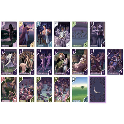 A grid of fantasy playing cards. Illustrations show mythical figures, robed characters, and scenes of revelry or mystical landscapes