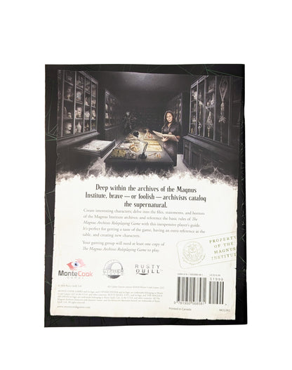 An archivist in the dark Magnus Institute archives, cataloging supernatural artifacts. A shadowy figure looms