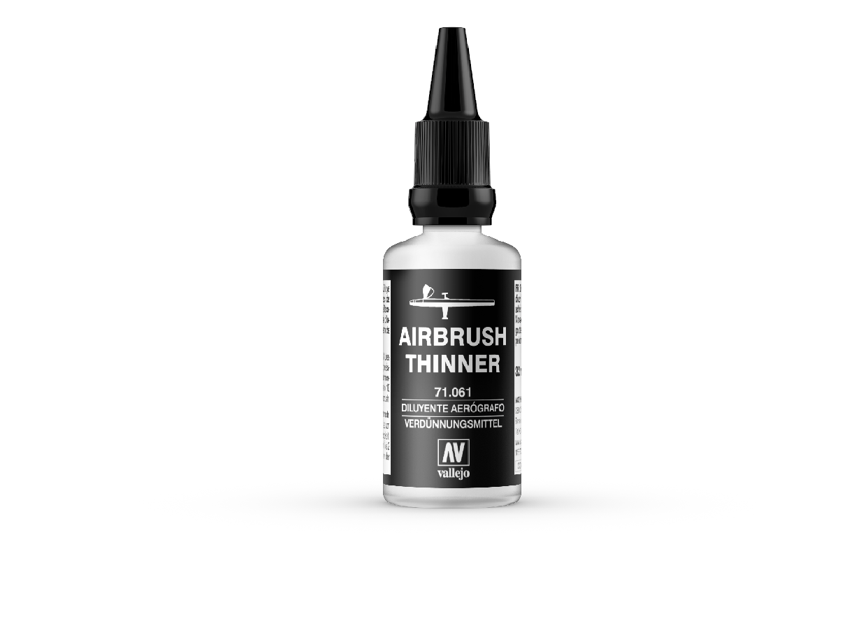 A white bottle of Vallejo Airbrush Thinner with a black label and black cap