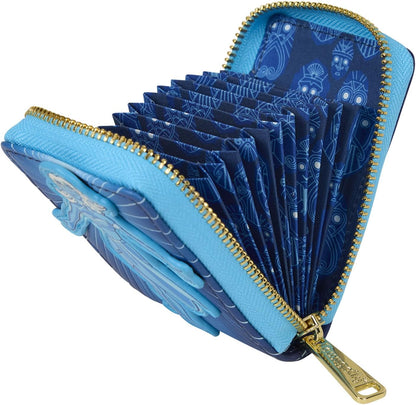 Open blue card holder Kida Accordion GW Wallet with snowflake design and gold zipper, showing accordion slots