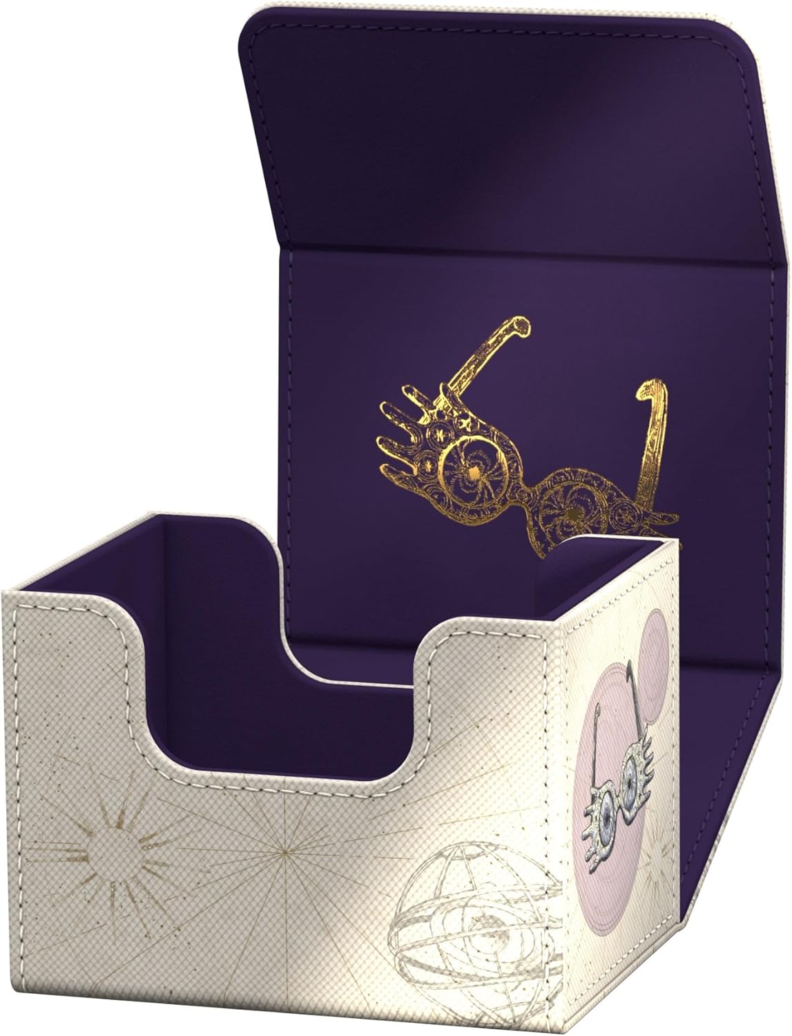 Open white and purple deck box featuring Luna Lovegood's gold and blue Spectrespecs illustrations