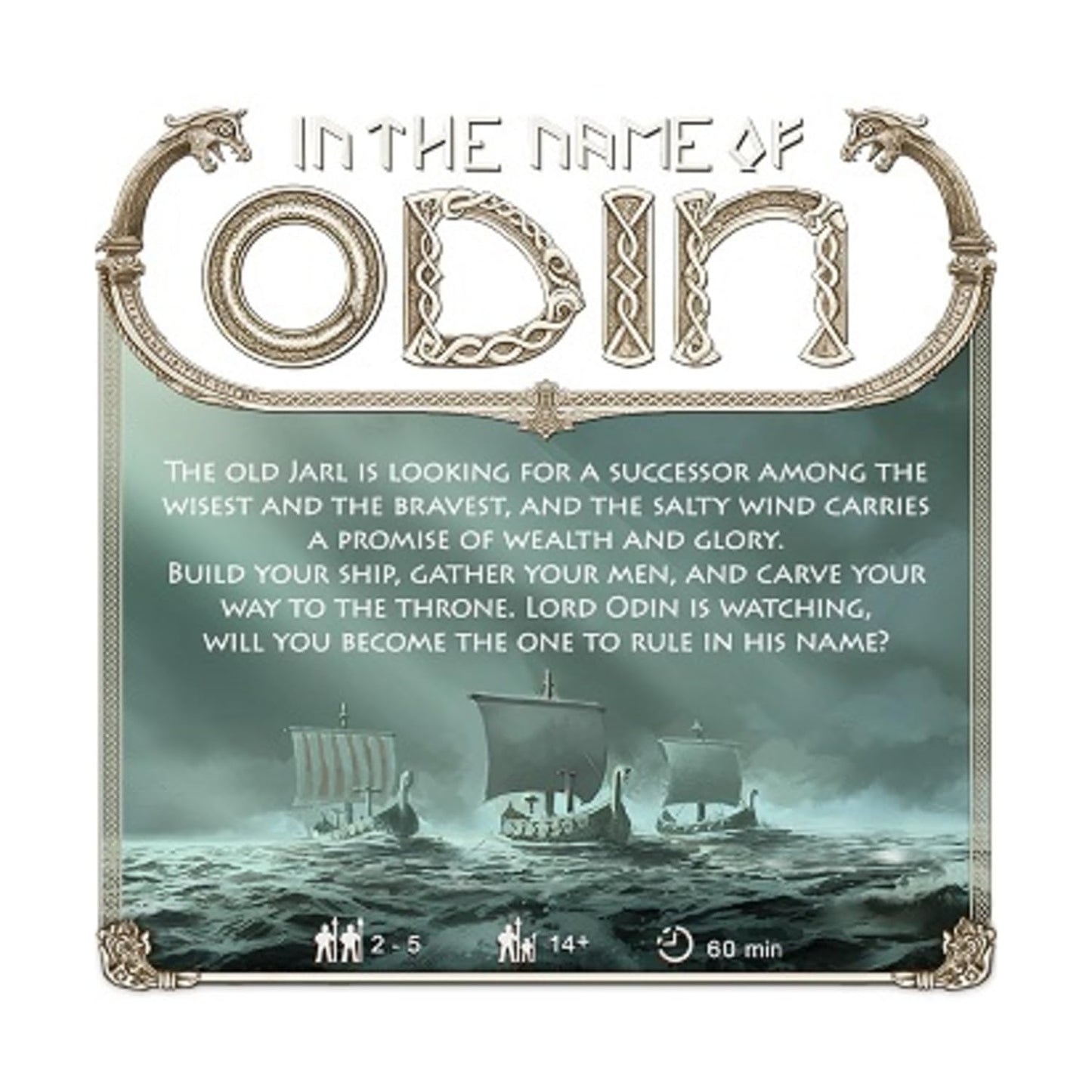 Board game cover: 'In the Name of Odin' title with three Viking longships sailing on a dark -  choppy sea