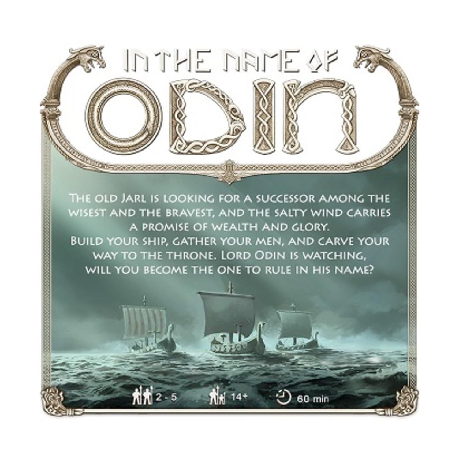 Board game cover: 'In the Name of Odin' title with three Viking longships sailing on a dark -  choppy sea