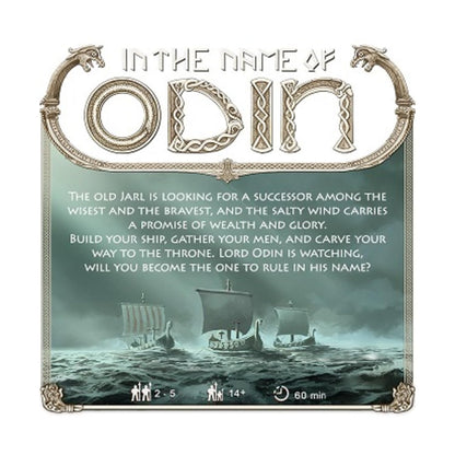 Board game cover: 'In the Name of Odin' title with three Viking longships sailing on a dark -  choppy sea