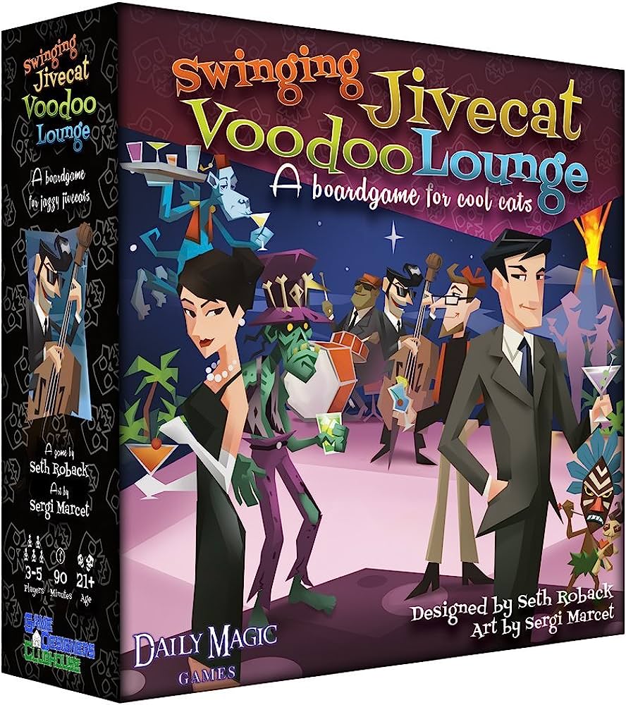 Swinging Jivecat Voodoo Lounge board game box cover: A vibrant jazz lounge scene with humans and monster musicians
