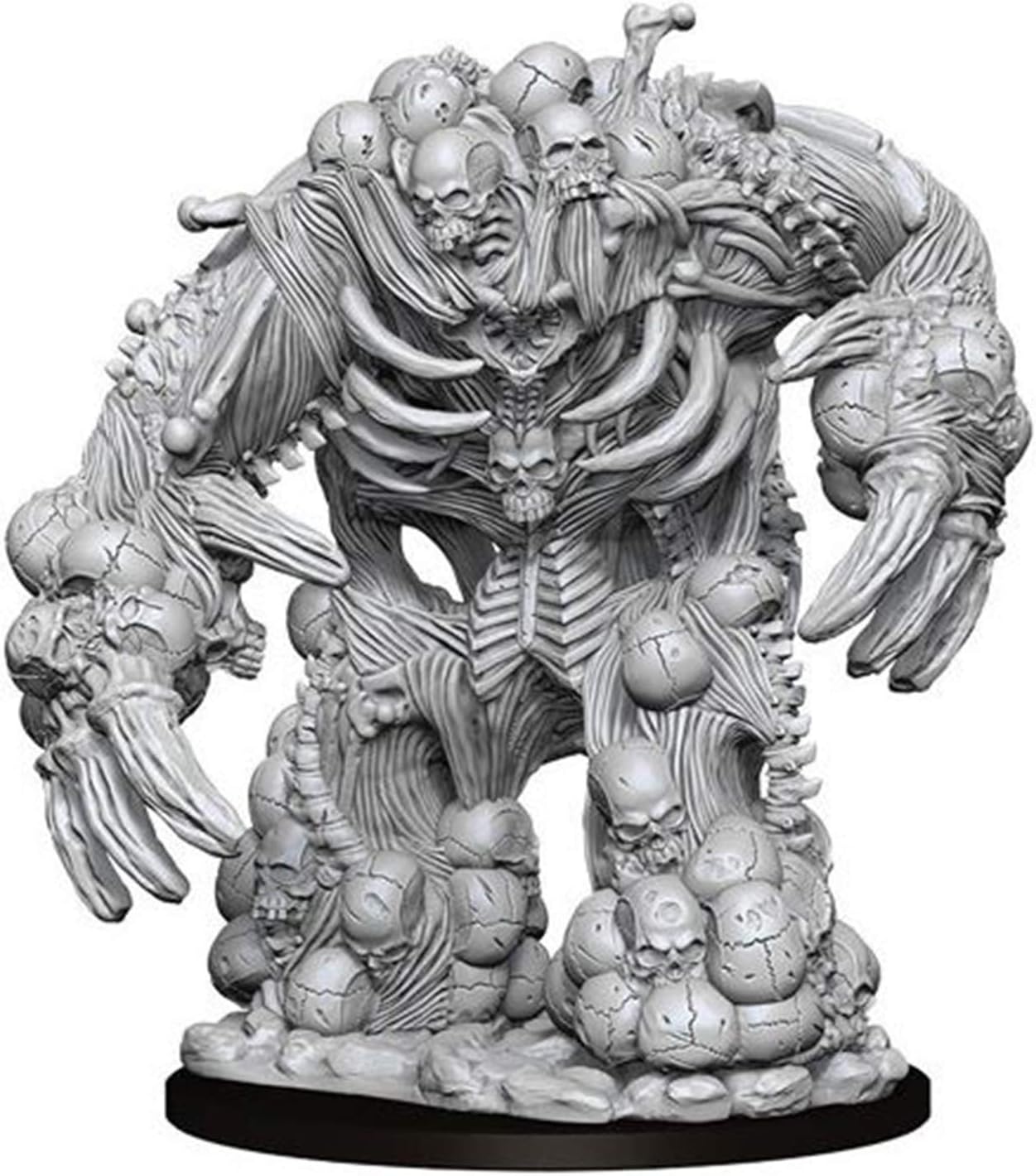 A grey miniature of a hulking monster, made from exposed ribs, raw muscle, and countless human skulls