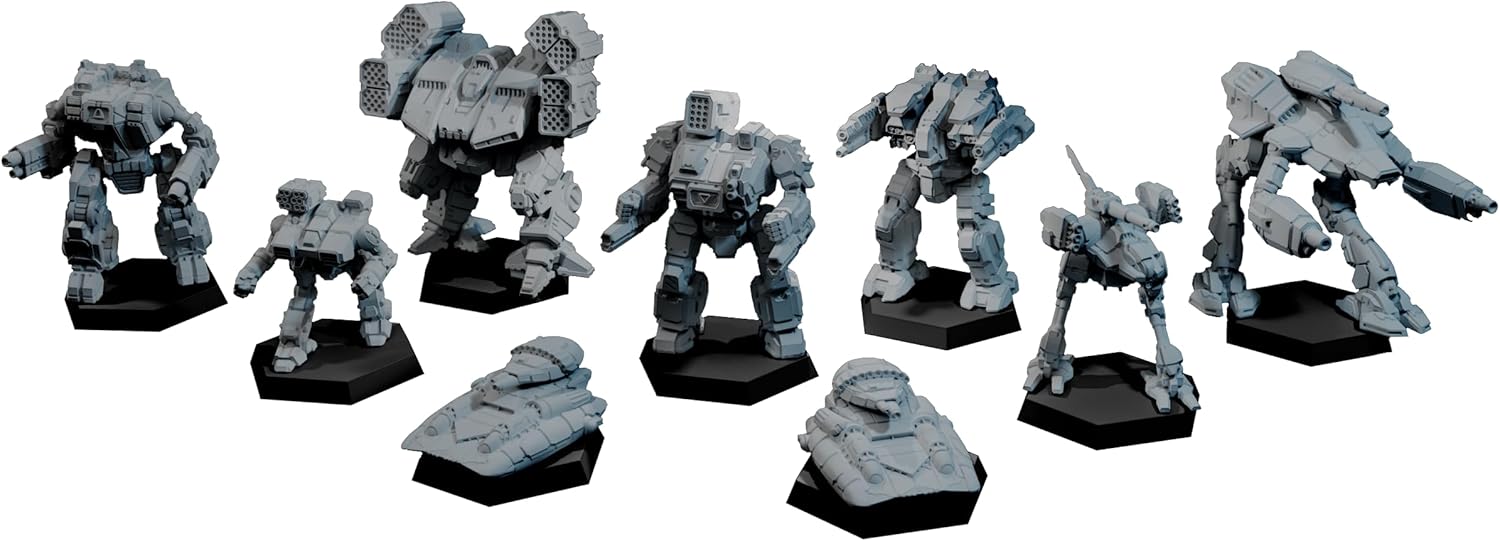 Nine unpainted grey miniatures, including several sci-fi mechs and tanks on black bases