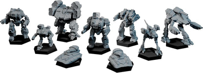 Nine unpainted grey miniatures, including several sci-fi mechs and tanks on black bases