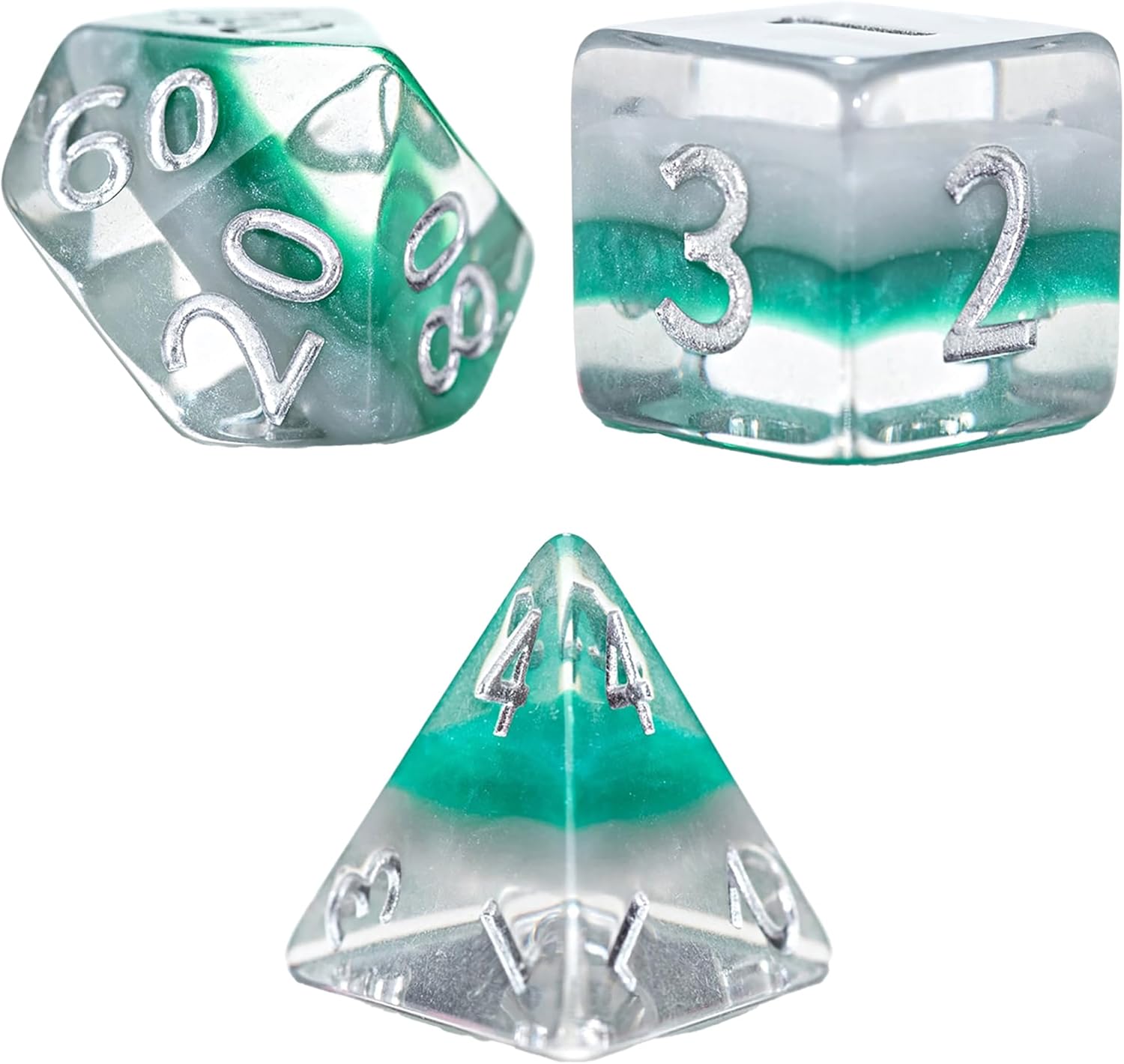 Three clear polyhedral dice (d4, d6, d20) with green & white layers and silver numbers