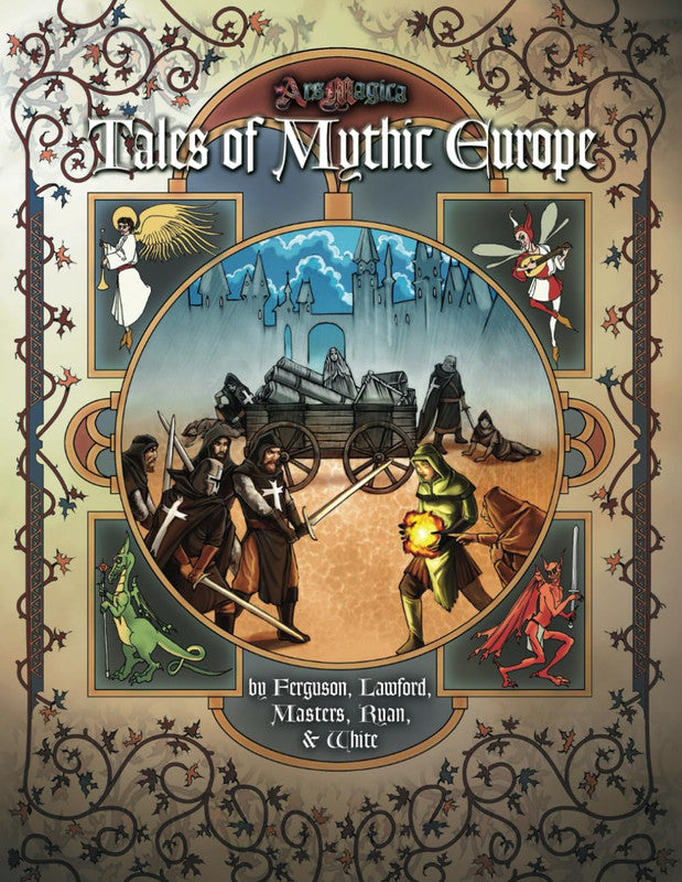 Cover for Tales of Mythic Europe. Knights face a magic-user with glowing fire. Ornate medieval border with fantasy creatures