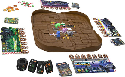Full setup of a monster truck board game with miniature trucks on a brown dirt track -  player cards -  and dice