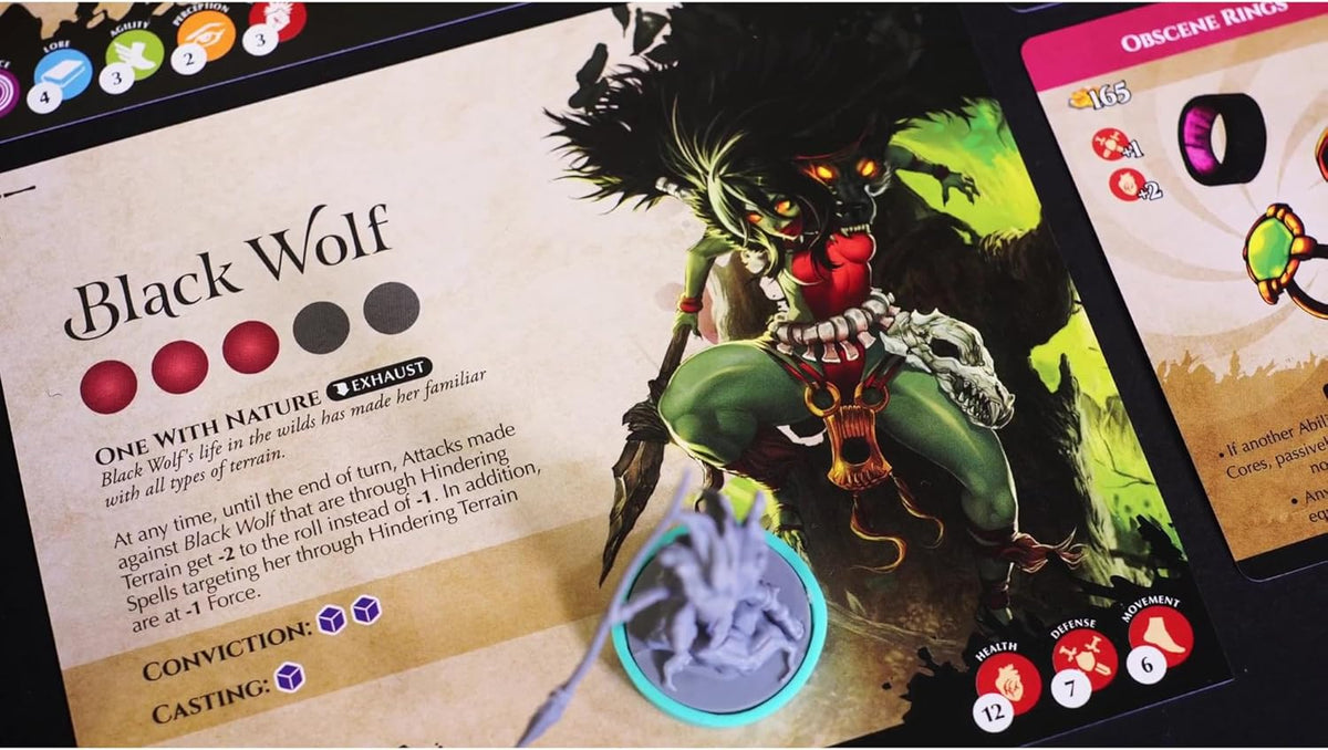 A character card for a board game titled &#39;Black Wolf&#39;, featuring an illustrated green-skinned wolf-headed warrior and a grey miniature figure.